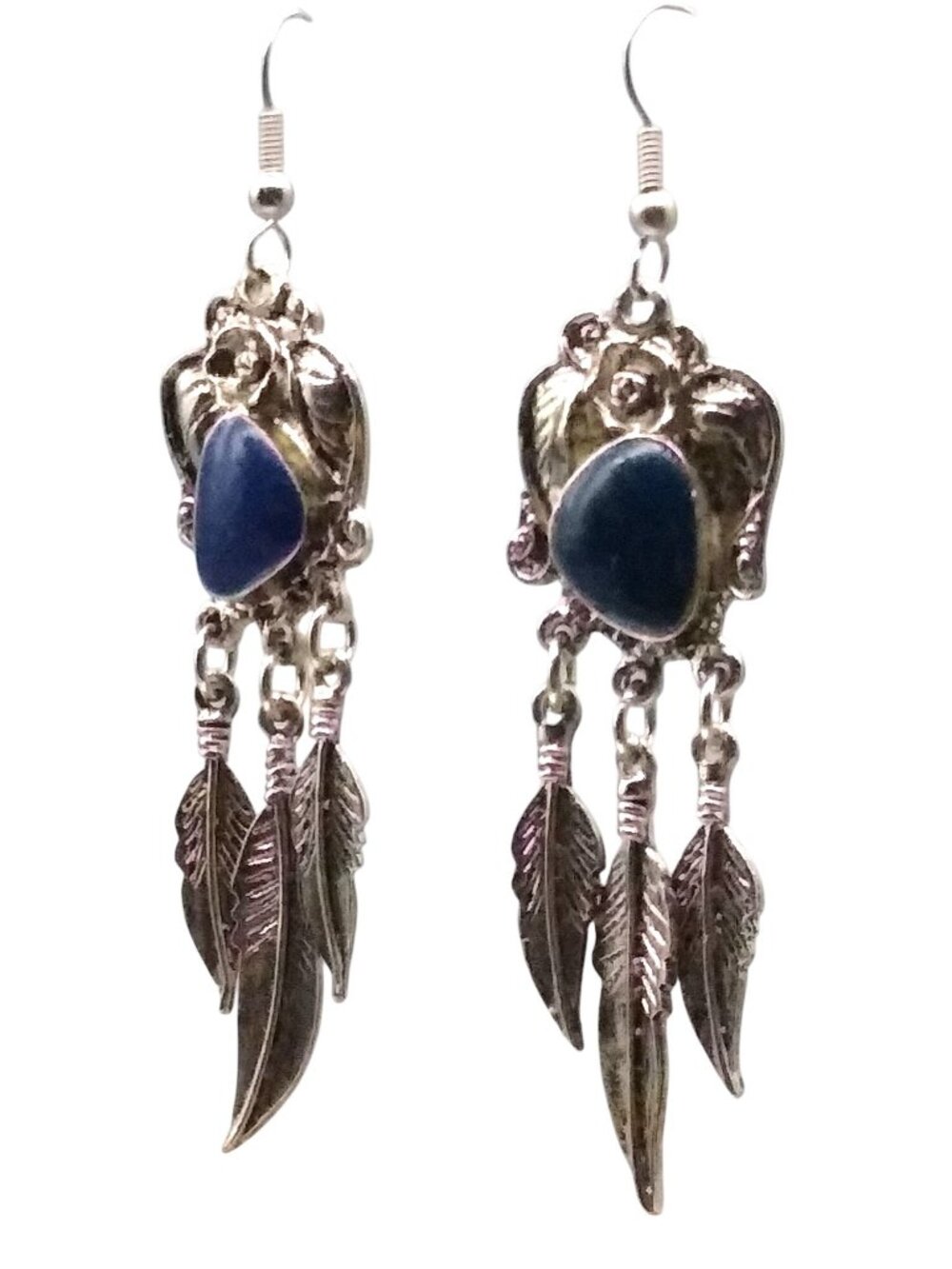 Vintage Starry Sky Stone and Feathers Earrings, Dangle Cabochon Blue Sandstone - Picture 3 of 5